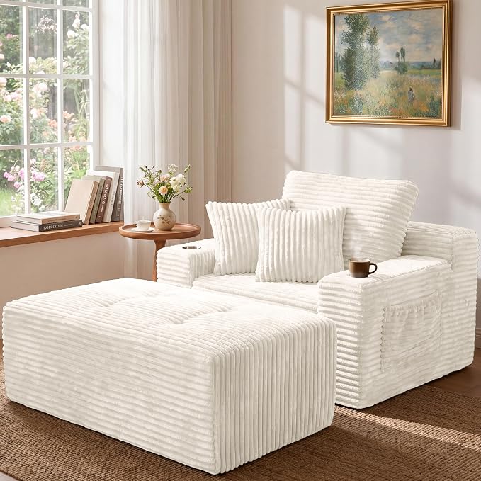 Corduroy Chaise Lounge with Ottoman