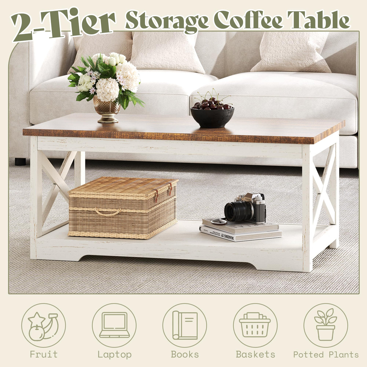 AMERLIFE 4 Piece Farmhouse Table Set with 66" TV Stand, Distressed White