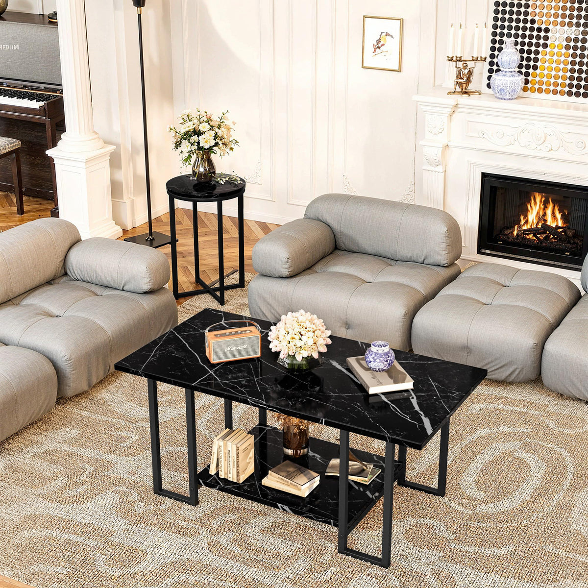 AWQM Coffee Table Set of 3, Faux Marble Living Room Table Set, Black