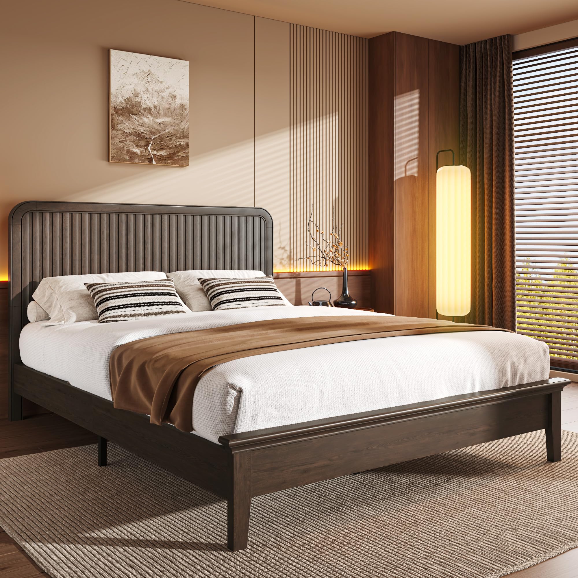 Queen Solid Wood Bed with Fluted Headboard