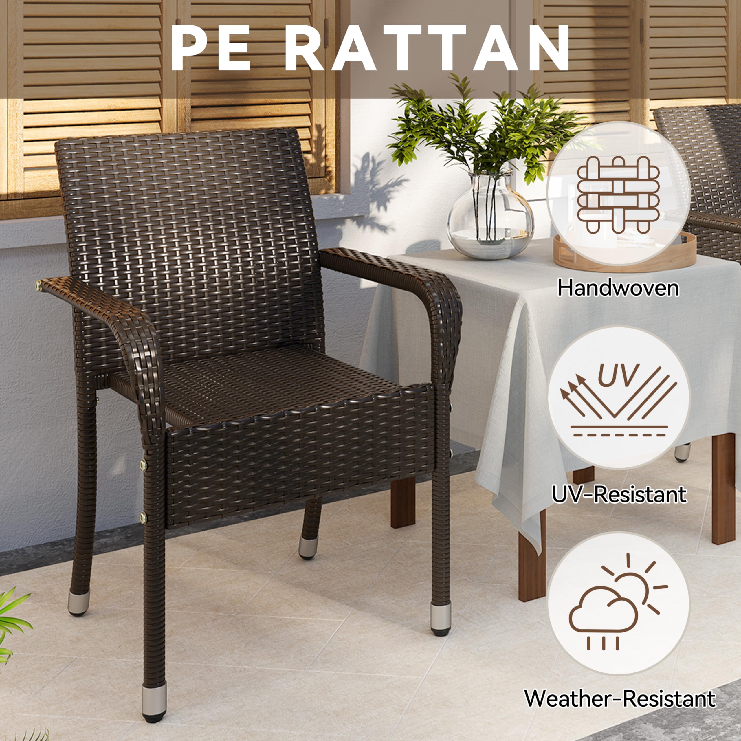Yaheetech Set of 4 Stackable Outdoor Rattan Dining Chairs, All-Weather Armchair w/Armrests, Steel Frame for Garden, Patio, Deck, Yard, Poolside, Brown