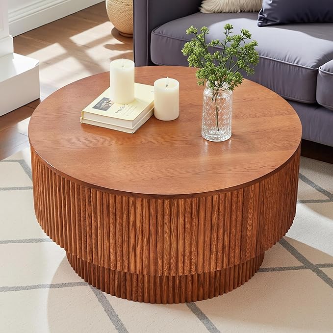 Round Fluted Wood Coffee Table with Storage