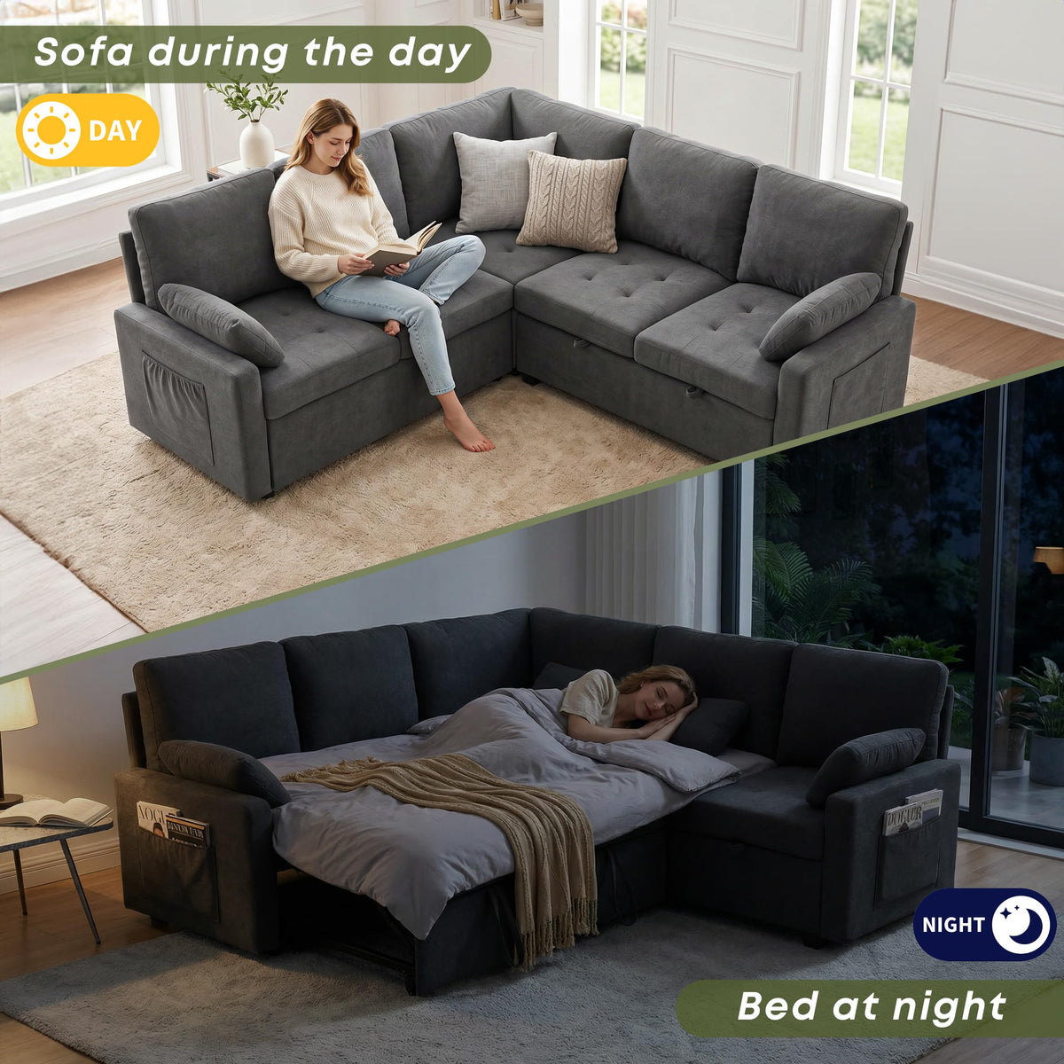 Huatean Home 82" Pull Out Couch with Storage, Sleeper Sofa, 5 Seat L Shaped Sectional Couches for Living Room, Modular Sectional Couch with Removable Covers, Dark Grey