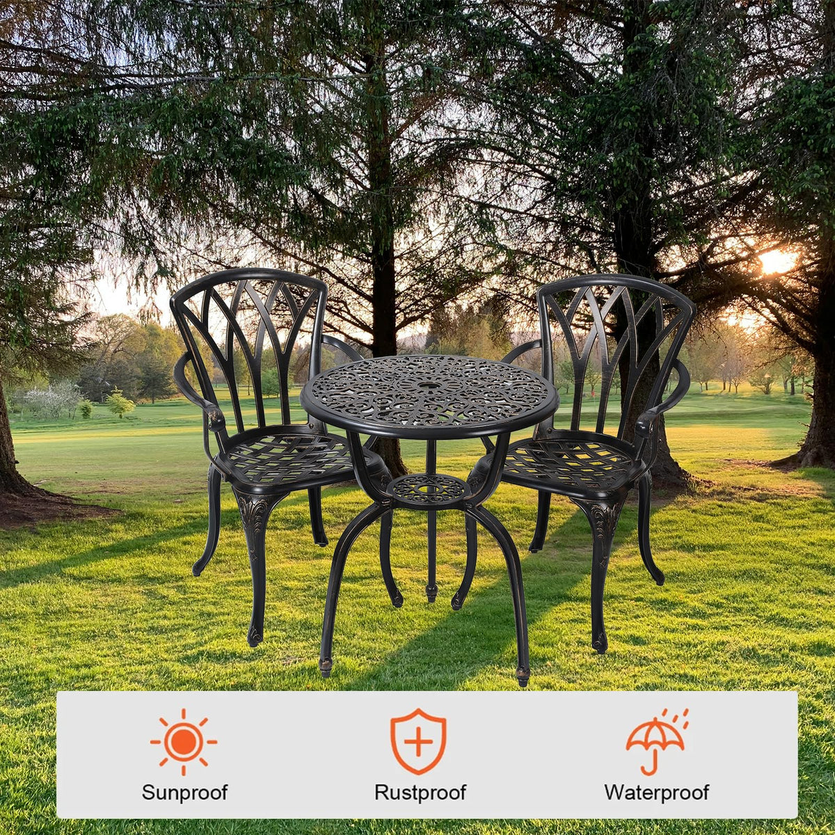 GXOUTAL 3-Piece Cast Aluminum Patio Bistro Set, Outdoor Rust-Resistant Furniture with 2 Chairs and Table (Bronze)