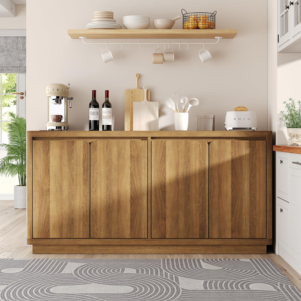 knoworld 63" Buffet Cabinet with Storage & Power Outlet, Wood Sideboard Credenza with Double-Arc Doors, Modern Coffee Bar Console Table for Kitchen Dining Room, Natural