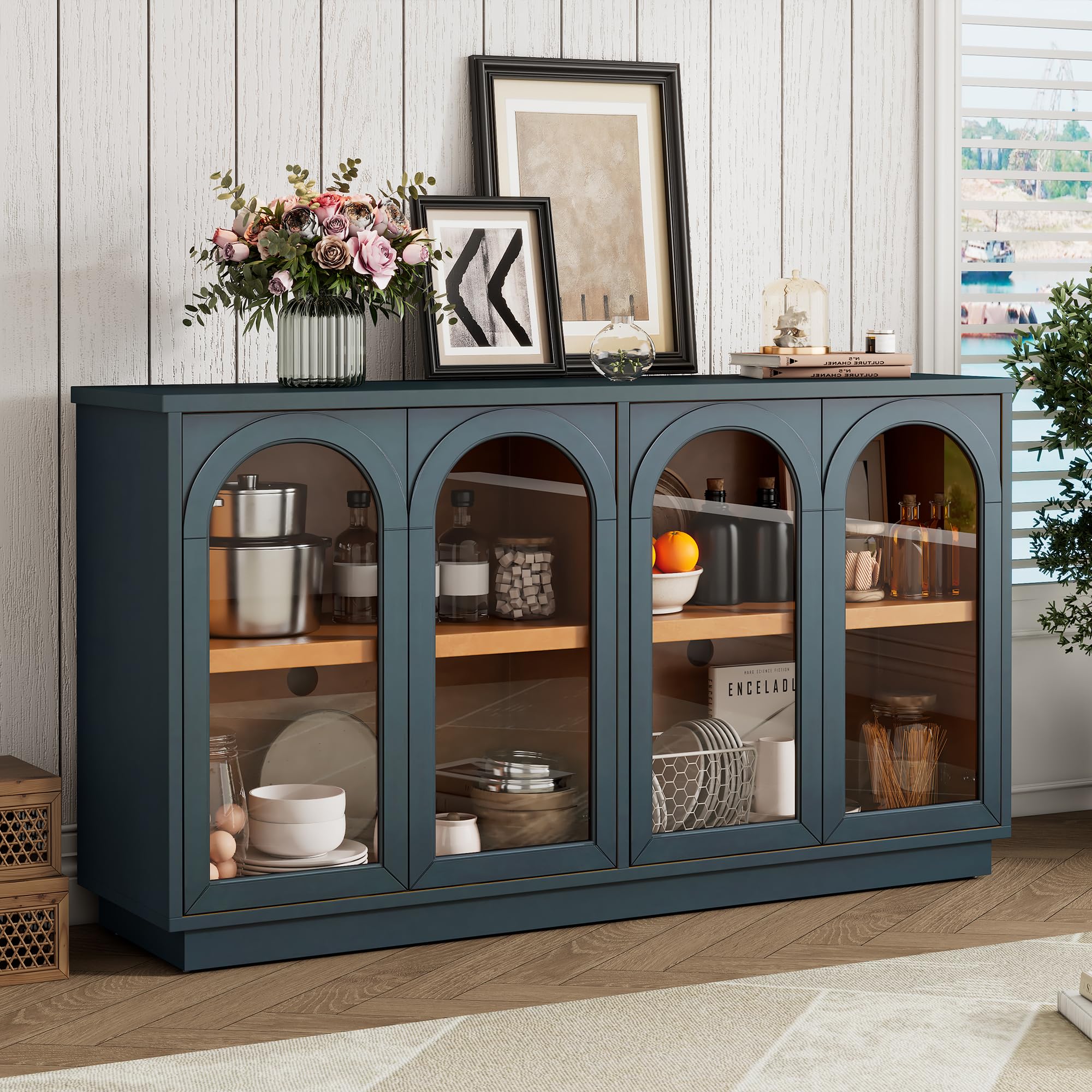 Merax 4-Door Large Storage Buffet Cabinet with Arched Glass Doors and Adjustable Shelves for Kitchen, Dining Room and Living Room