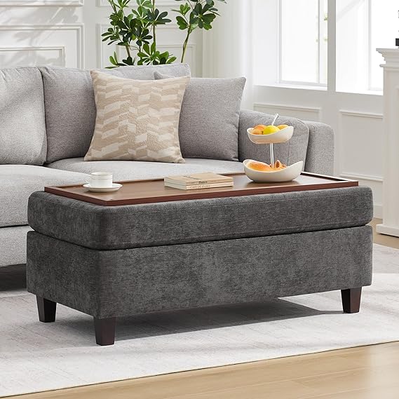 45-Inch Storage Ottoman Bench with Flip-Top Wooden Tray