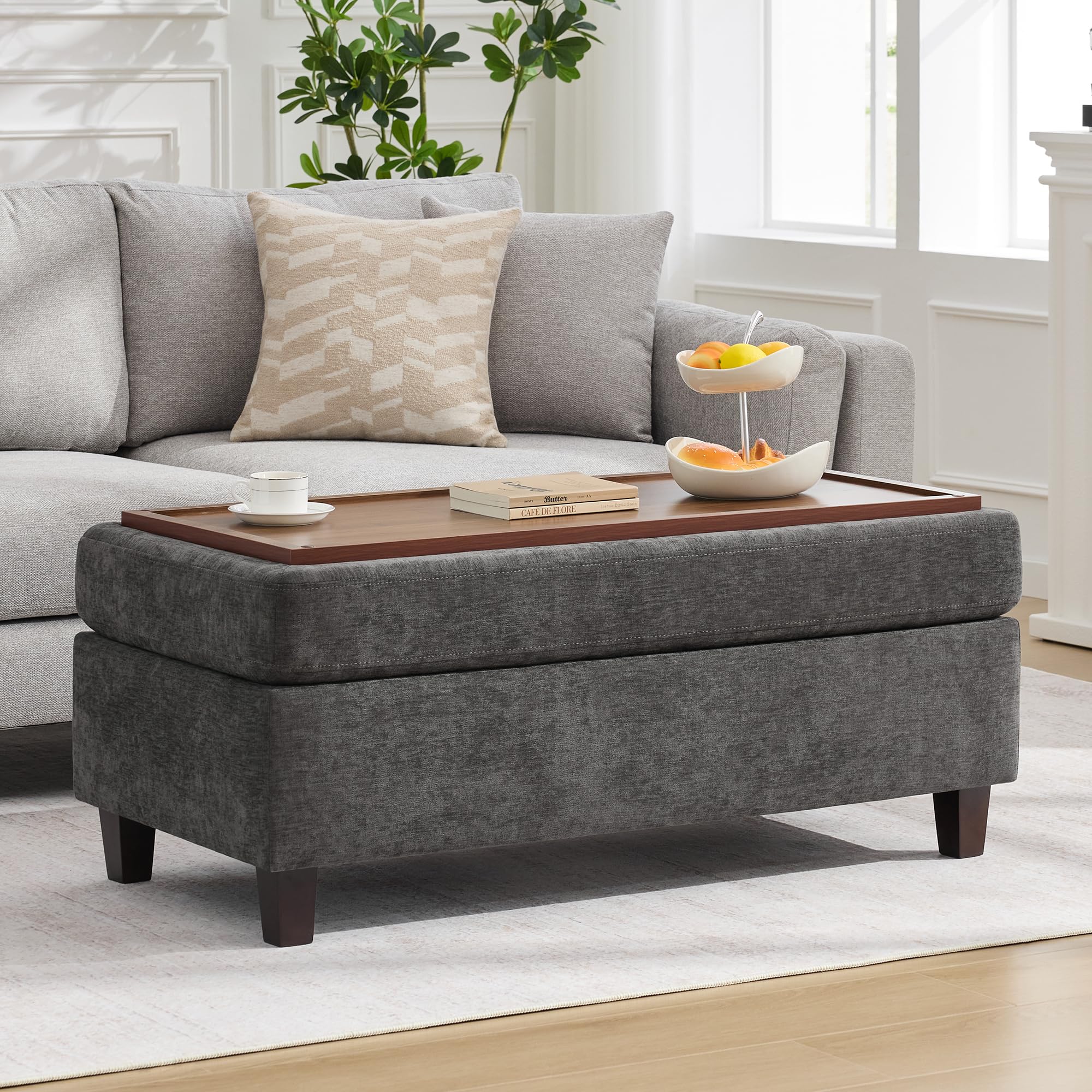 45 Inch Large Storage Ottoman Bench with Wooden Tray Coffee Table, Dark Grey Chenille Upholstered Foot Rest, Multifunctional Foot Stool Ottoman for Living Room, Bedroom & Entryway, Solid Wood Legs
