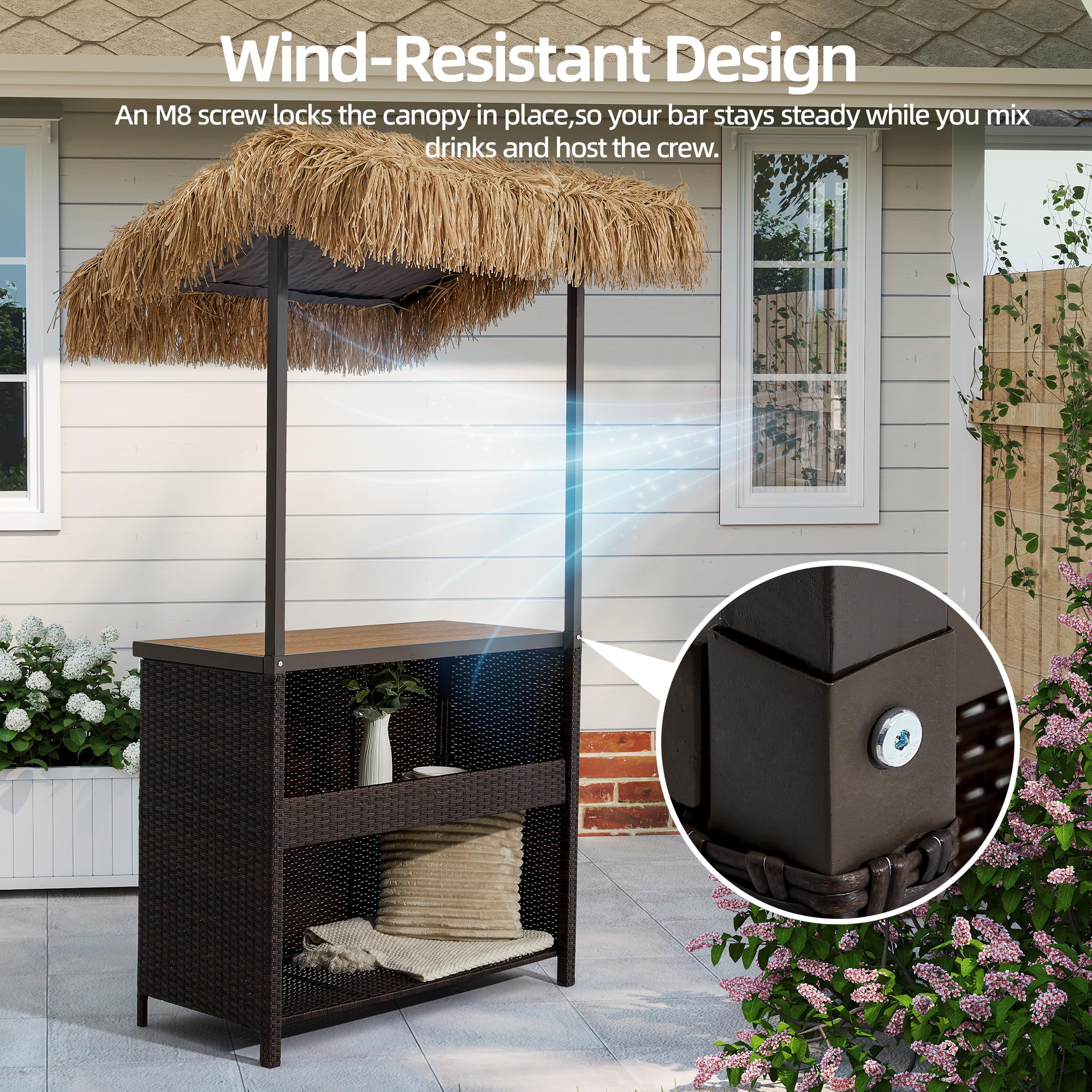 Mvpipi Outdoor Tiki Bar Set, 3 Pieces All-Weather Wicker Patio Bar Set with 2 Height Stools and Storage, Outdoor Bar Set for Outside Patio, Garden, Backyard,Brown