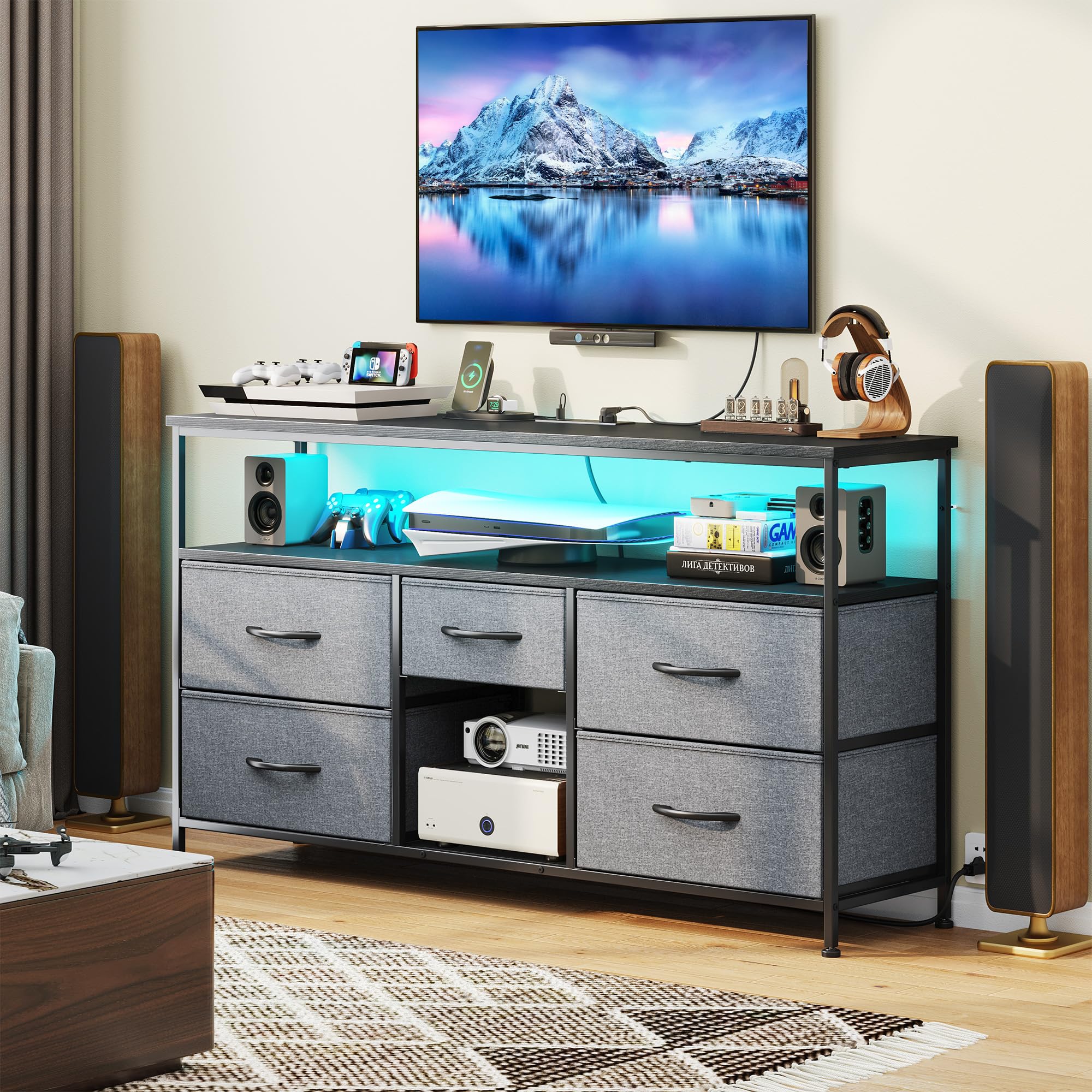 EnHomee TV Stand Dresser with LED Lights & Power Outlets, Entertainment Center for 50" Inch TV, 5 Drawers TV Stand for Bedroom Media Console with Shelves for Living Room, Sturdy Metal Frame, Grey