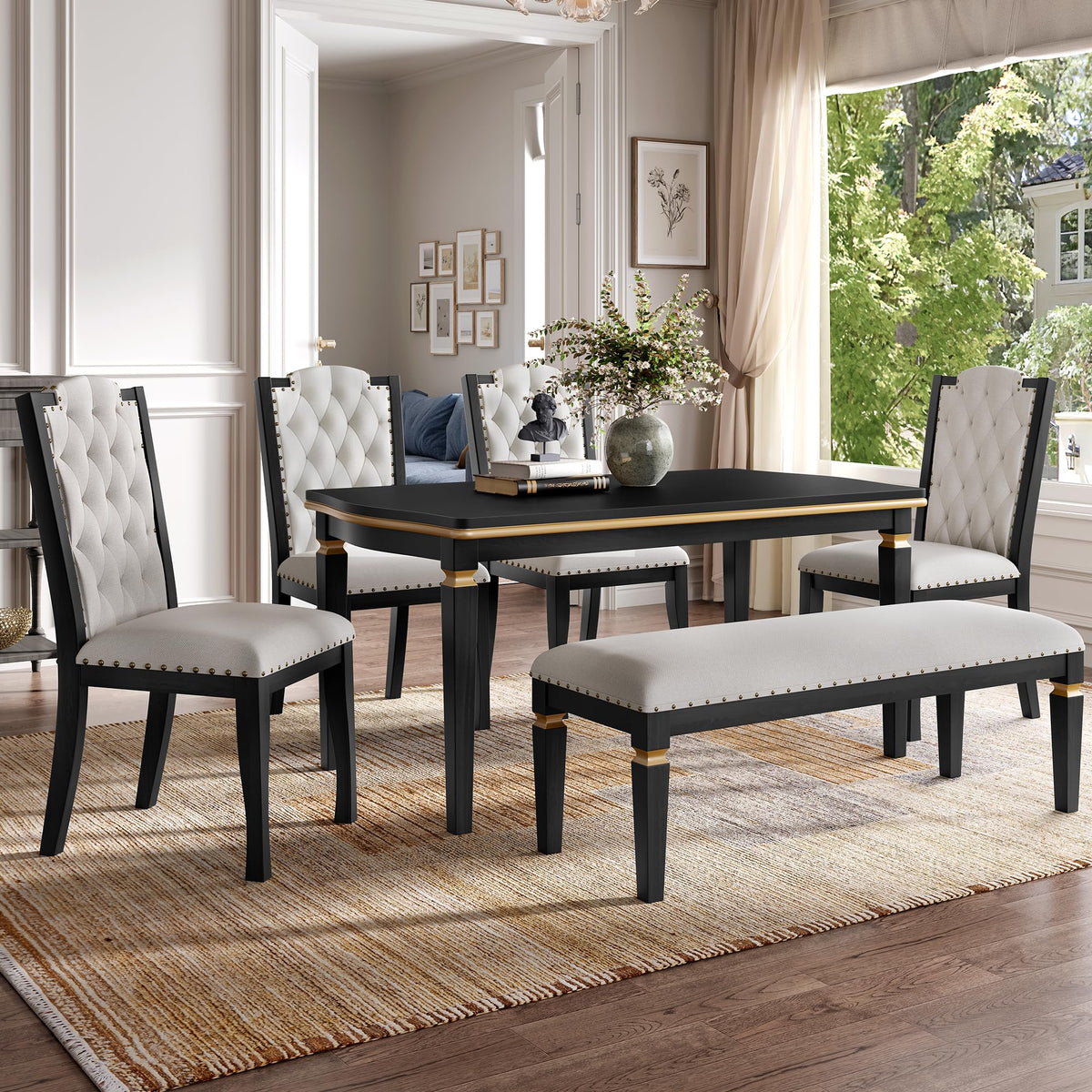 Merax 6-Piece Kitchen Dining Table Set, 60" Rectangular Table with 4 High-Back Tufted Upholstered Chairs & 1 Bench, Rubberwood Legs Modern Elegant Farmhouse for Kitchen Room, Black