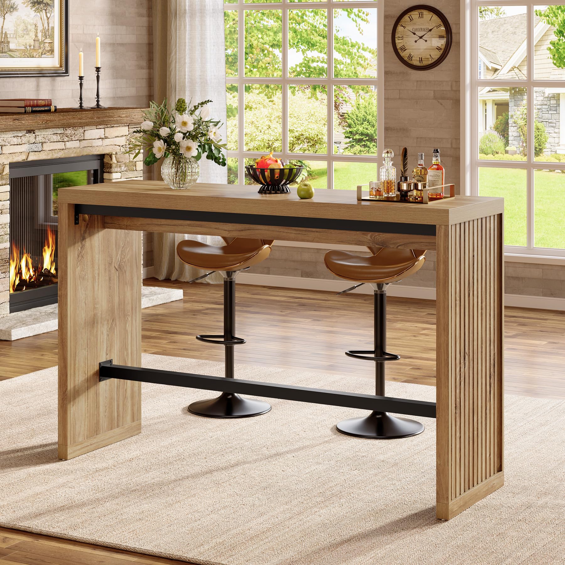 Tribesigns Bar Table, 55-Inch Counter Height Pub Table with Metal Footrest, Rectangular High Top Counter Dining Furniture for Home Bar, Kitchen, Dining Room, Bistro, Living Room, Rustic Brown