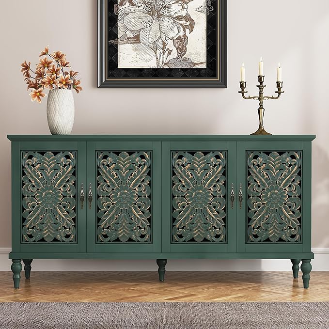 63" Hollow Carved Wood Accent Cabinet with 4 Doors