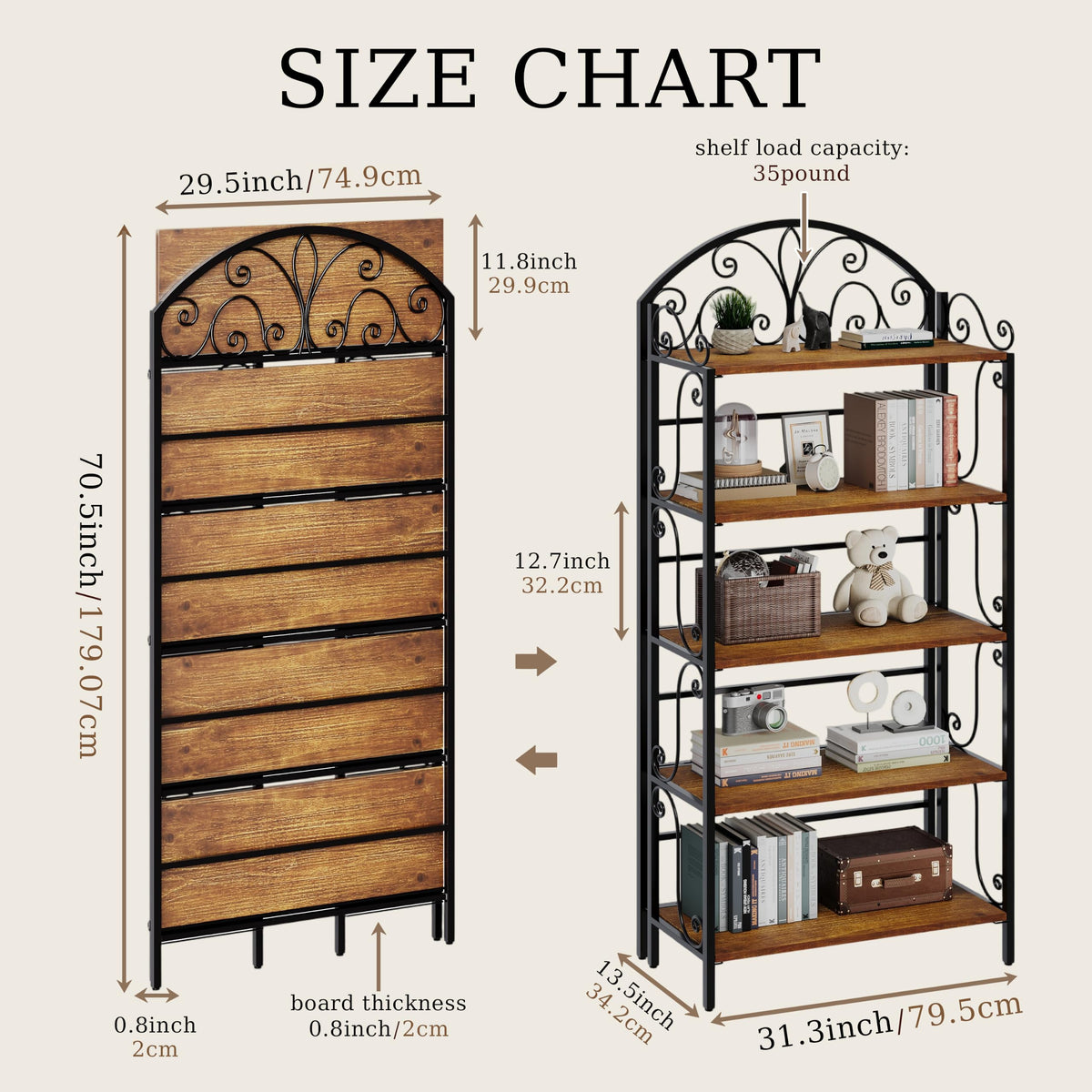 5-Tier Folding Solid Pine Bookshelf