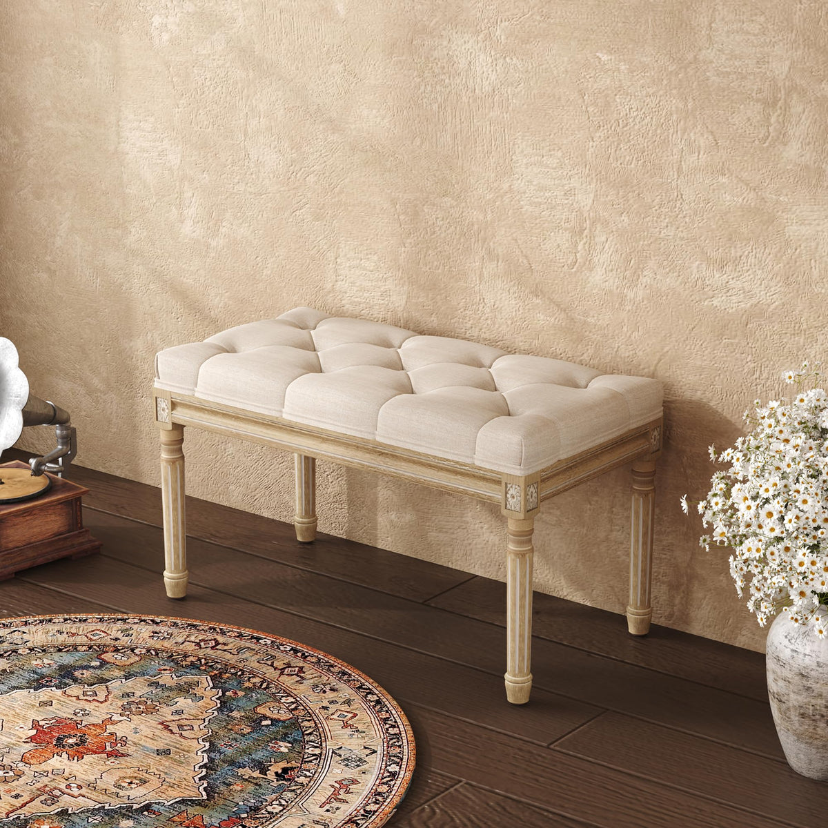 Beige Tufted Upholstered Bench