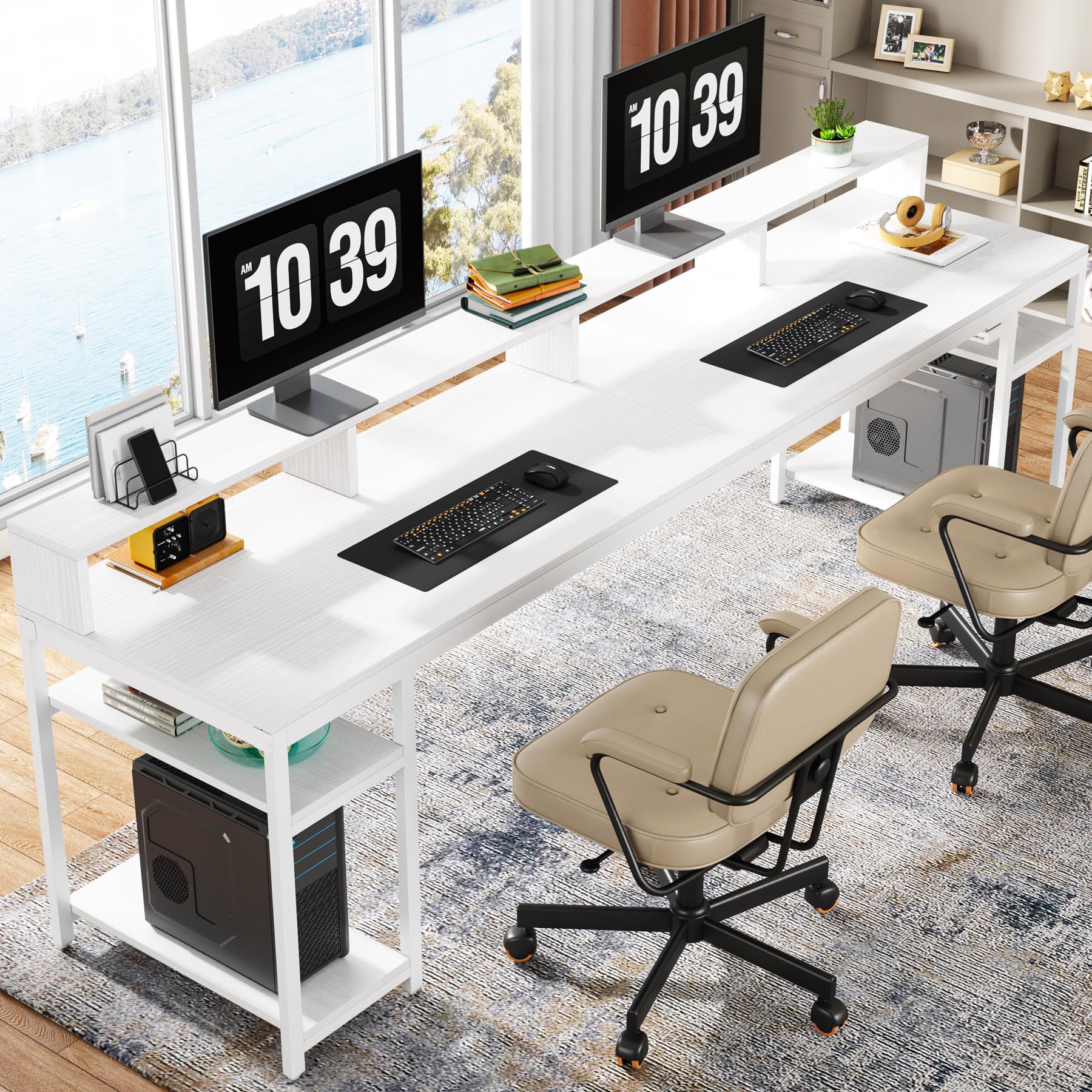 78.74" Double Desk with Monitor Stand & Storage Shelves