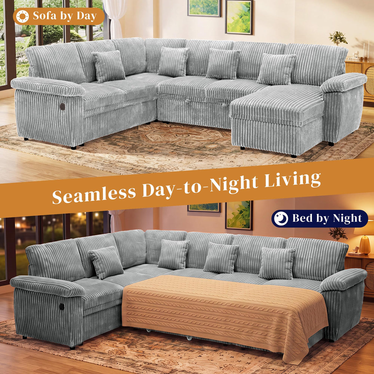 Poblink Modular Sectional Sleeper Sofa with Pull Out Bed, 104" U Shaped 7 Seat Cloud Sectional Couches for Living Room, Comfy Corduroy Couch Sofa Bed with Storage Chaise, USB Charging, Light Grey