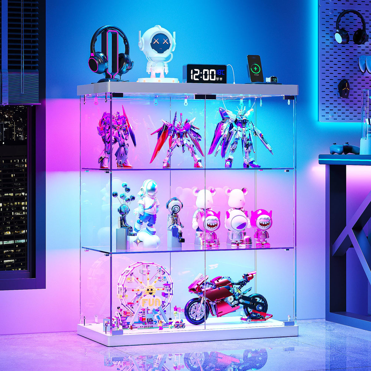 TAGELIER Glass Display Cabinet with Charging Station, RGB LED Lights, White