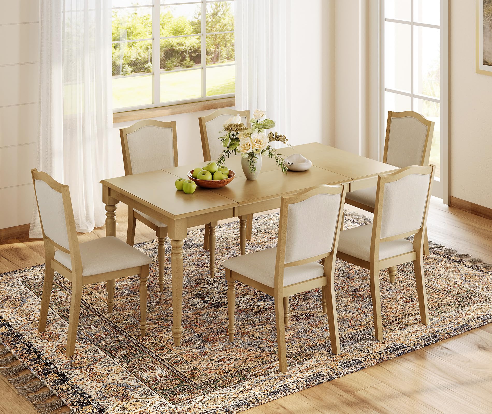 WAMPAT Dining Chairs Set of 6, Fabric Upholstered Kitchen Chairs with Cross-Back & Solid Wood Legs, Farmhouse Side Chair with Gourd-Shaped Leg for Dining Room, Living Room, Oak