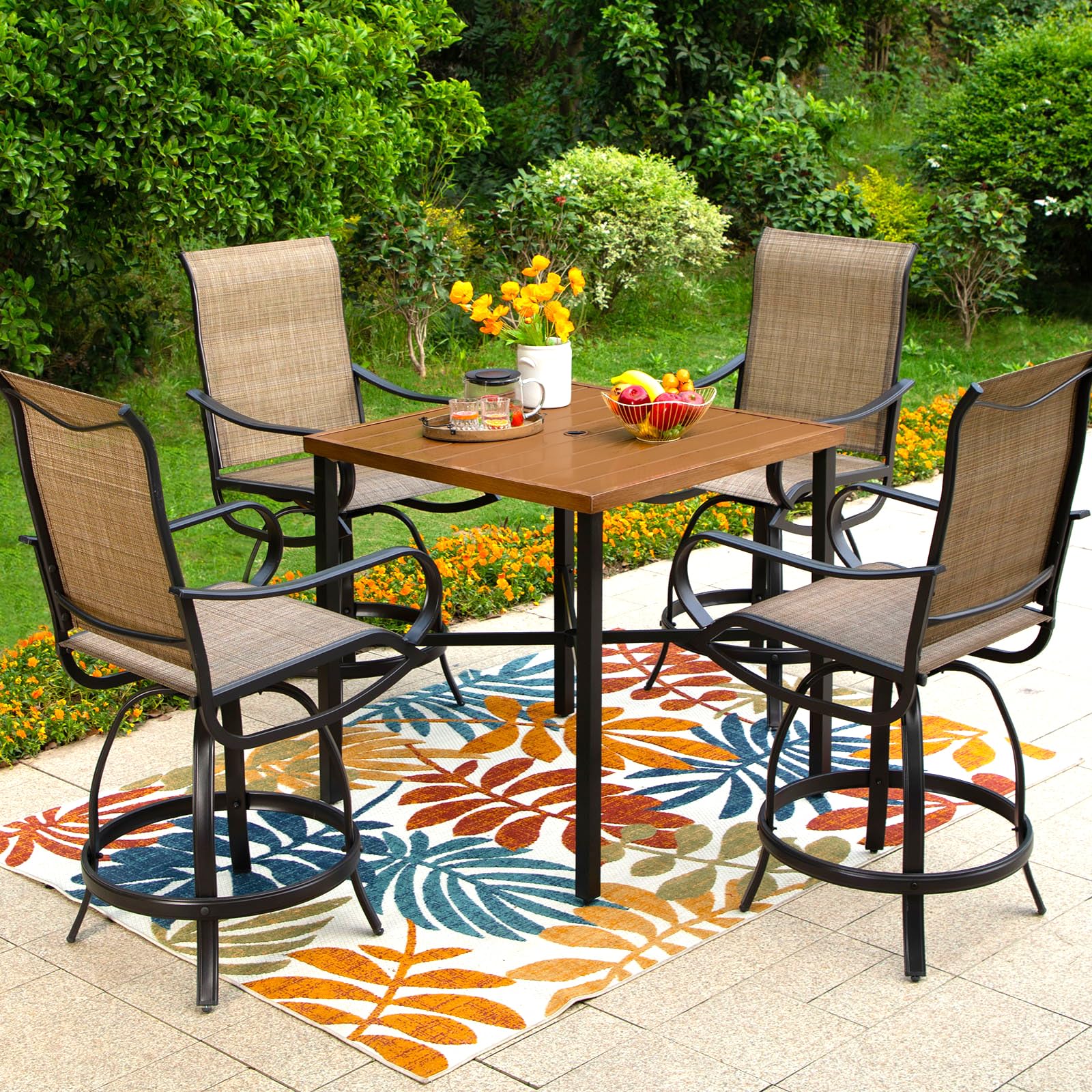 5-Piece Outdoor Patio Bar Set with Swivel Barstools & Square Table