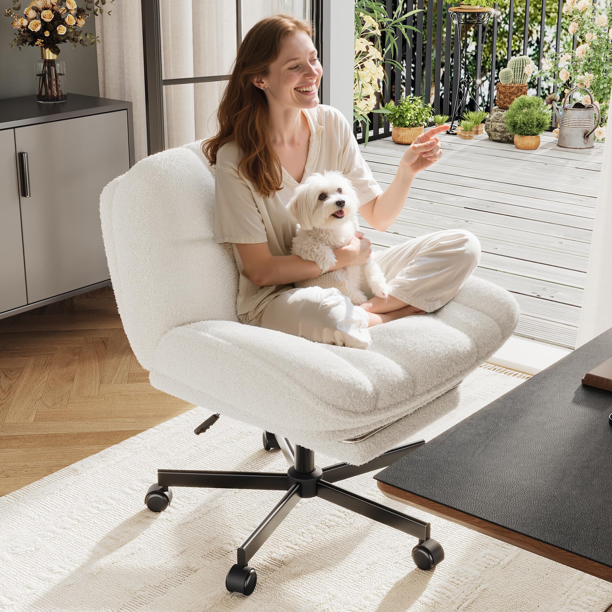 DurayLoly Cross Legged Office Chair with Foot Rest, 6.3" Thick Cushioned Criss Cross Chair with Wheels, Height Adjustable Swivel Vanity Chair for All-Day Comfort (White)