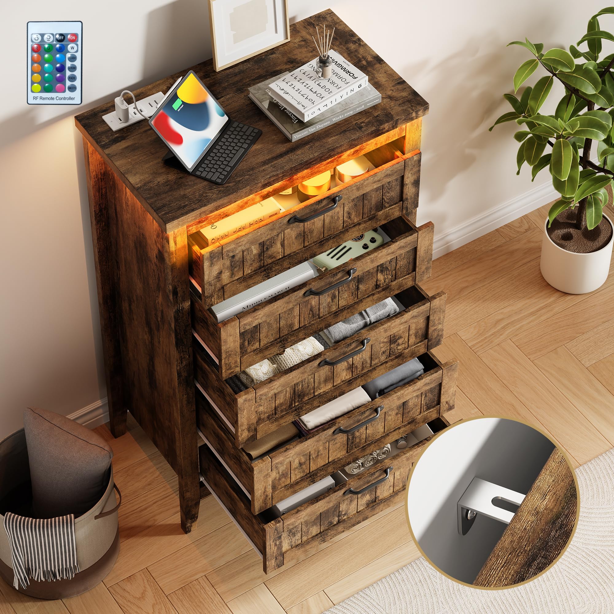 GarveeHome Farmhouse Tall 5 Drawer Dresser with Charging Station & LED Lights, Slim Wooden Bedroom Dresser, Rustic Chest of Drawers Clothes Storage Organizer for Closet Dorm Apartments, Retro