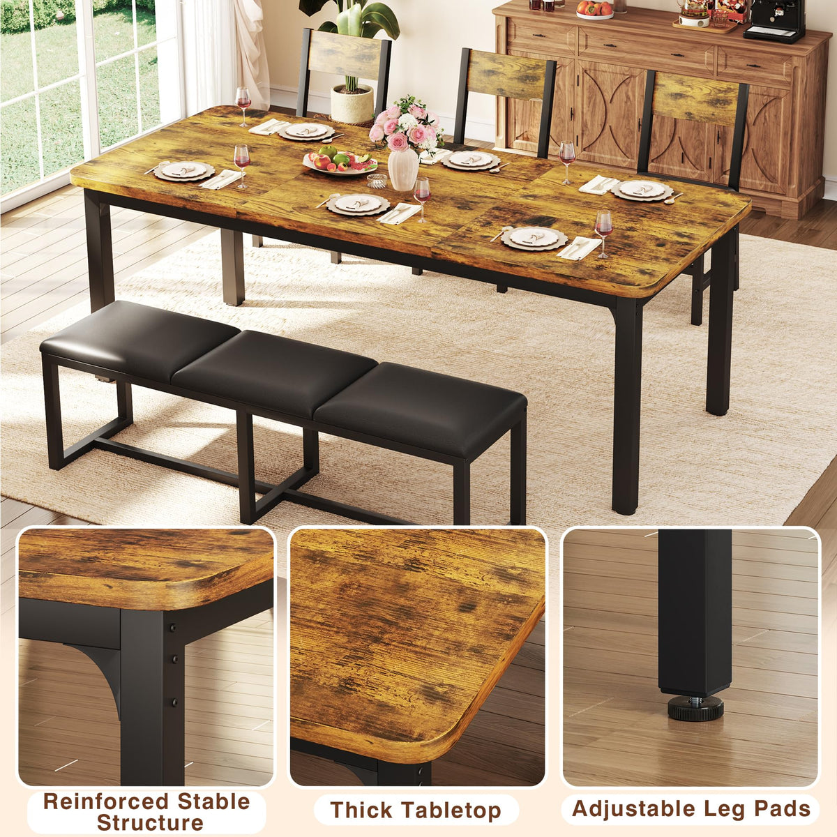 5-Piece Dining Table Set for 6, 63'' Long Kitchen Table Cushion Chairs Set with PU Bench and 3 Chairs, Rectangle Dining Table with Metal Frame & MDF Board, Space-saving for Small Apartment, Rustic