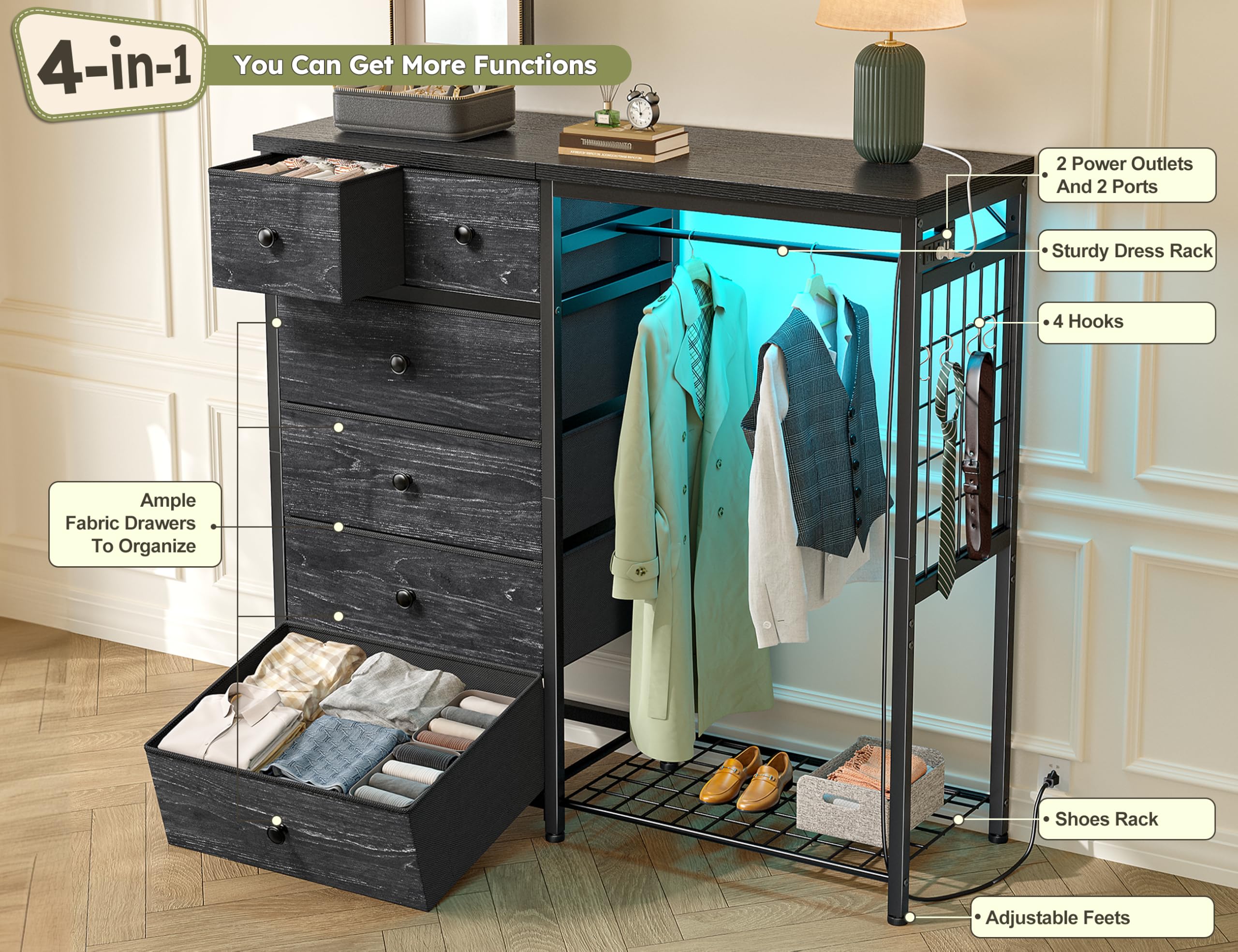 EnHomee Dresser with Hanging Rack, 6 Drawers with LED Lights & Charging Station, Fabric Chest of Drawers, Closet Storage Organizer with Open Shelves for Living Room, Black