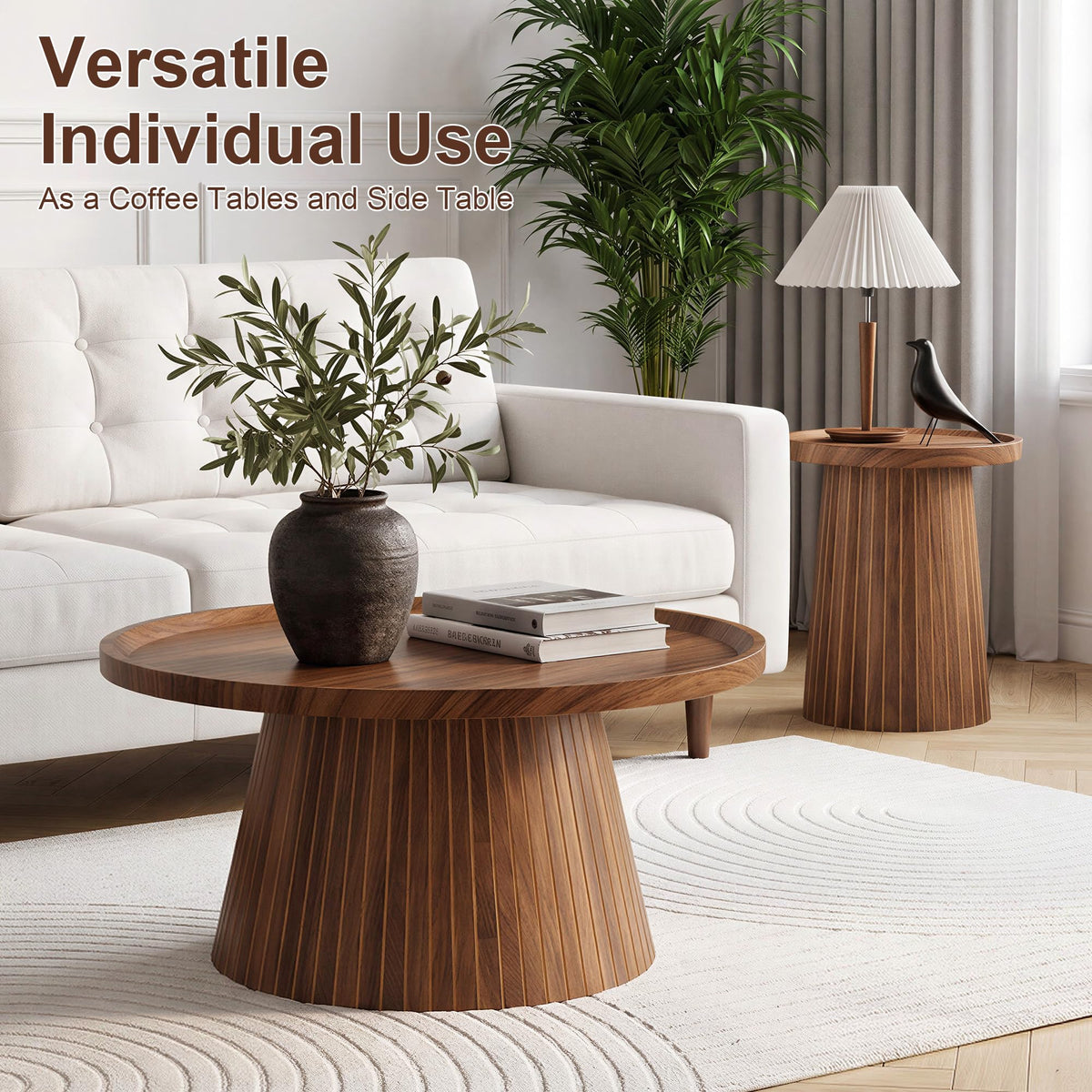 Zelurelle Nesting Coffee Table Set of 2, Circle Center Table Fluted Drum