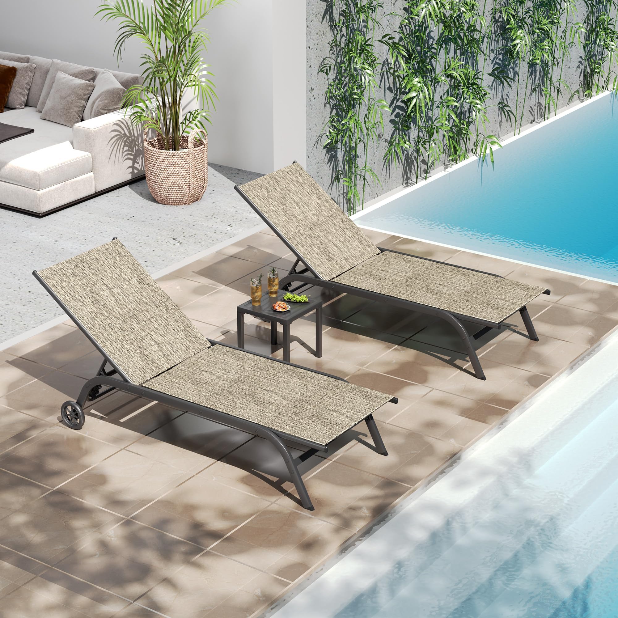 UDPATIO Aluminum Patio Lounge Chairs Set of 2 for Outside with Coffee Table Poolside Chaise Chair with Cushion for Sunbathing 5 Adjustable Position Backrest Outdoor Lounger with Wheels