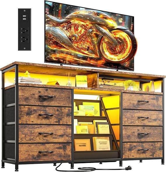 55" Dresser TV Stand with LED Lights & 8 Fabric Drawers