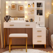 IRONCK Vanity Desk with Mirror and Lights, Jewelry Storage, White & Gold
