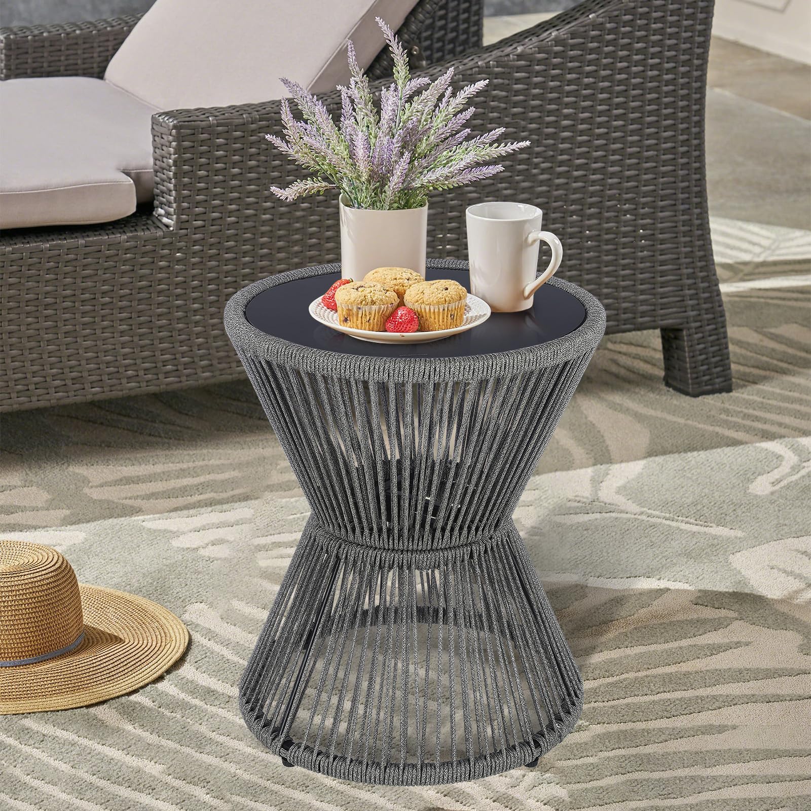 Woven Rope Outdoor Side Table with Glass Top