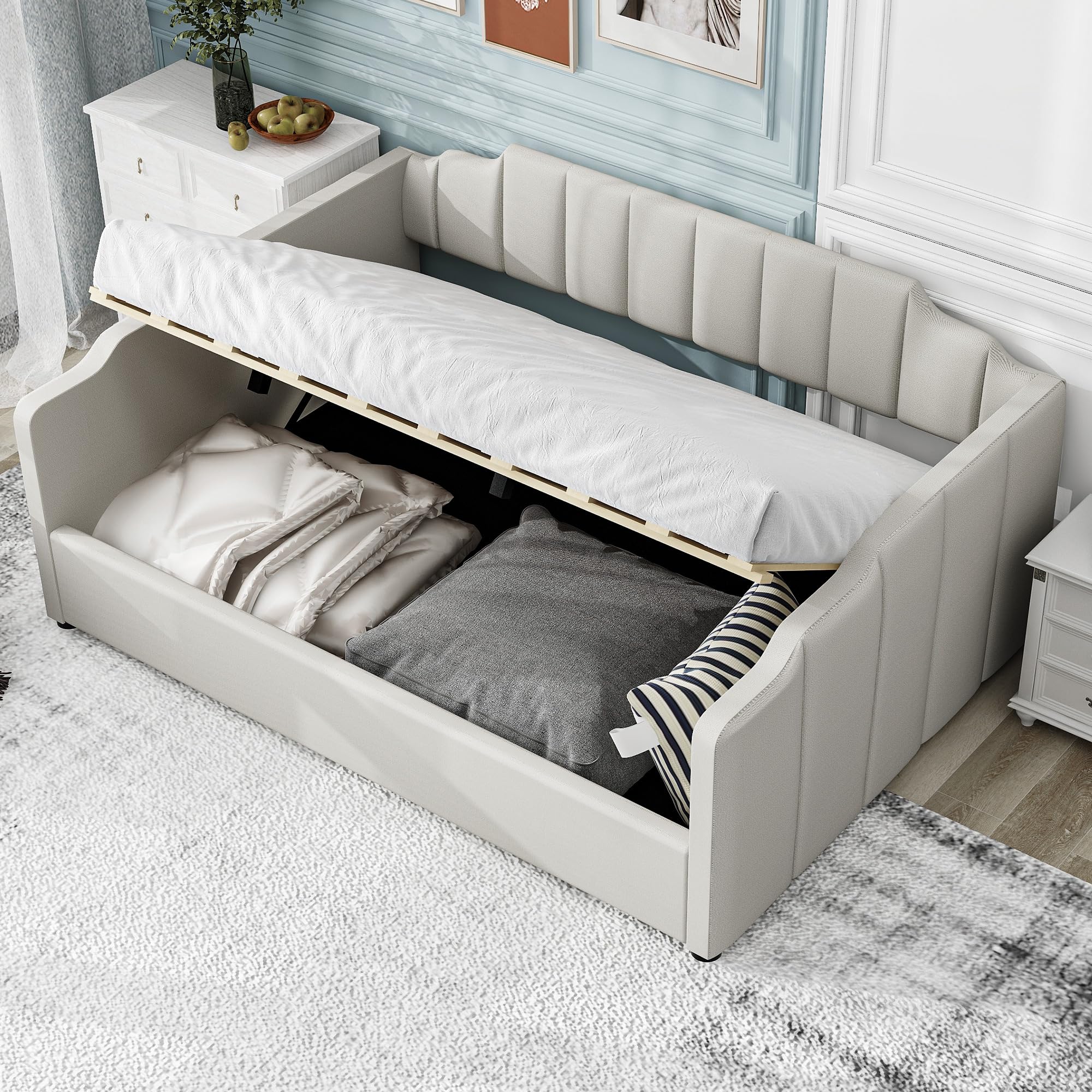 Merax Daybed, Full Size Tufted Upholstered Linen Fabric Sofa Bed with Underneath Storage for Bedroom, Wood Slat Support, No Box Spring Needed, Easy Assembly, White