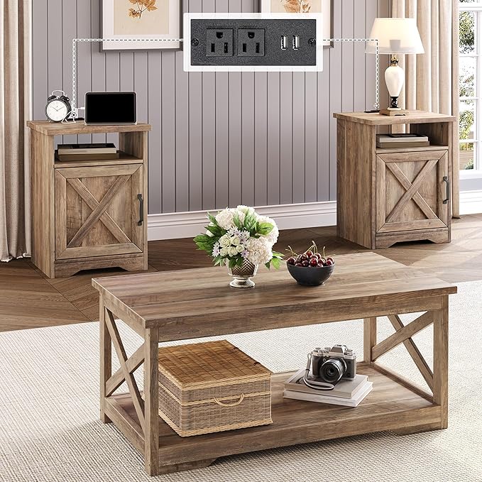 3-Piece Farmhouse Coffee & End Table Set with Charging Station