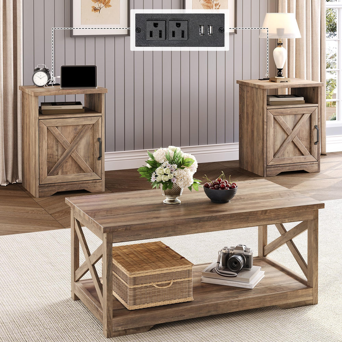 LUXOAK 3 Piece Living Room Table Set with Barn Door, Barnwood
