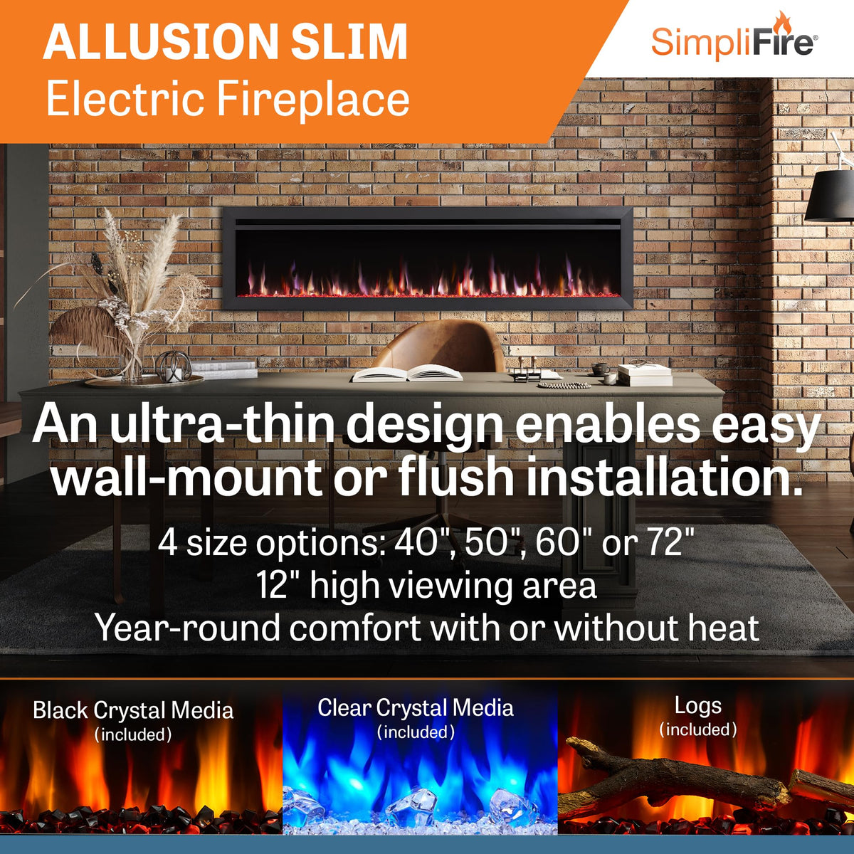 SimpliFire Allusion Slim 60" Electric Fireplace, Fully Recessed or Wall Mounted, 9 Flame Colors, Black & Clear Crystals, Logs, 13 Ember Bed Colors, Remote Control, Adjustable Heat, 750-1500W