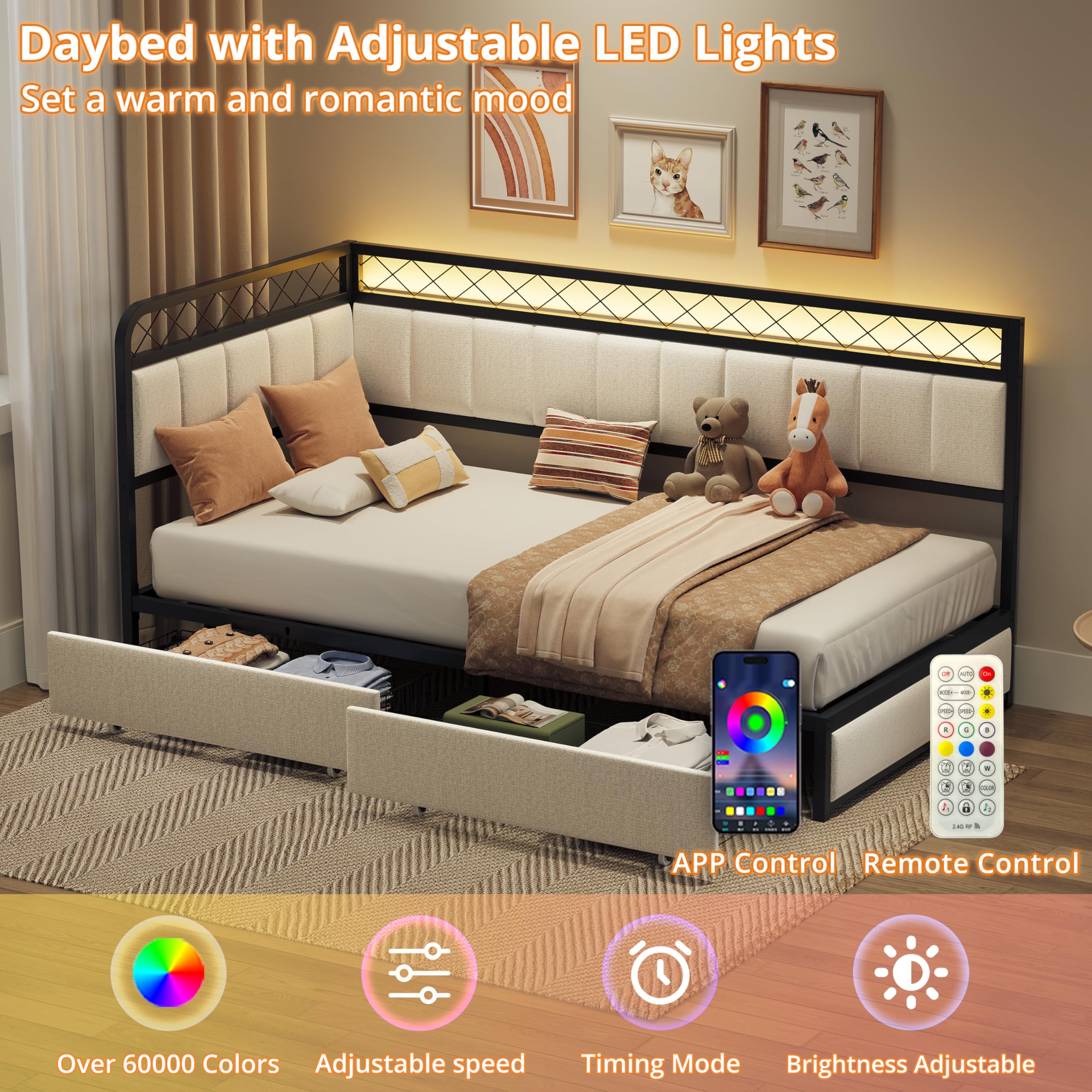Twin L-Shaped Daybed with LED, Charging Station & Storage Drawers