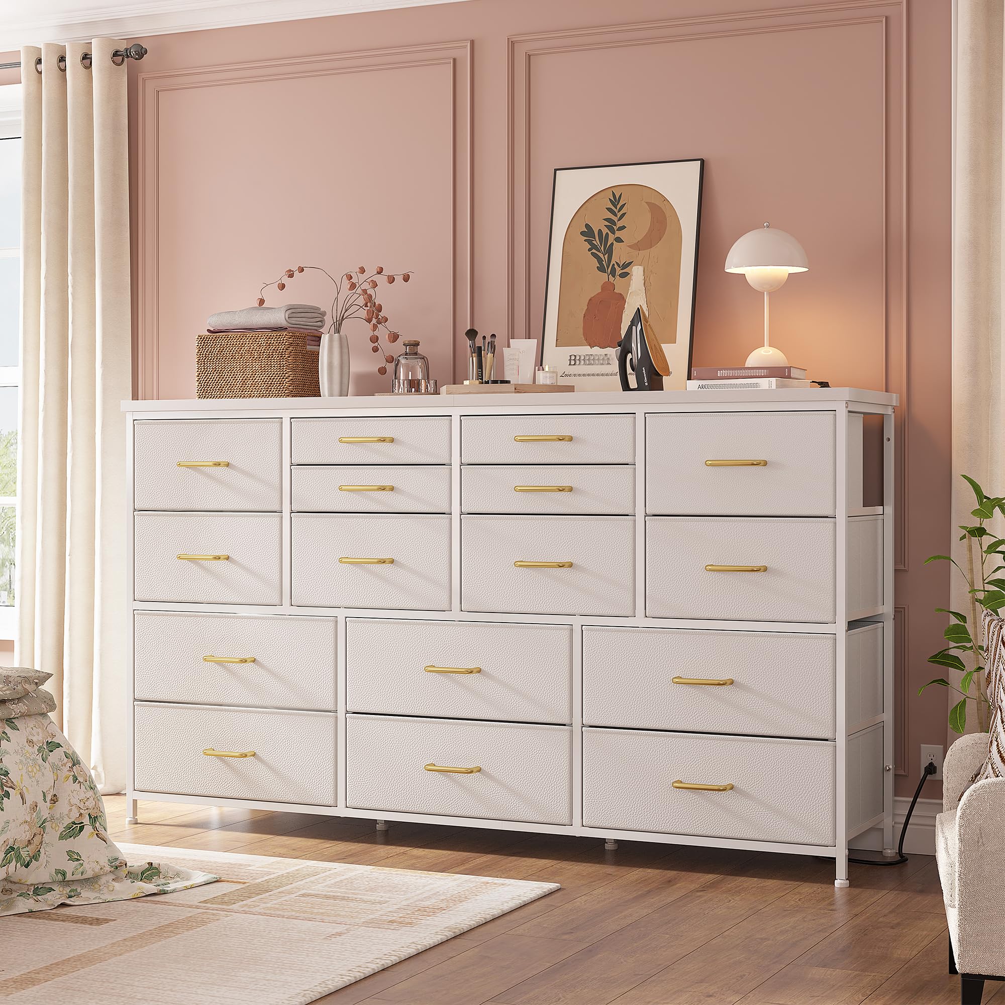 16 Drawers Long Dresser for Bedroom, 51"W Dressers with Power Outlets for 60"Inch TV for Living Room, Entertainment Center with Storage, Media TV Stand Console Table 51.1''W*11.8''D*34.8''H, White