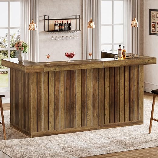 L-Shaped Corner Bar Table with Storage Shelves & Wine Rack