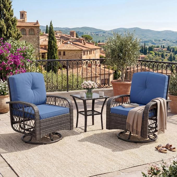 SLEKVERSA 3-Piece Swivel Bistro Patio Set – All-Weather Wicker Chairs with Tempered Glass Table & Thick Blue Cushions for Garden, Balcony, Deck – Brown Gradient Rattan + Blue Cushion