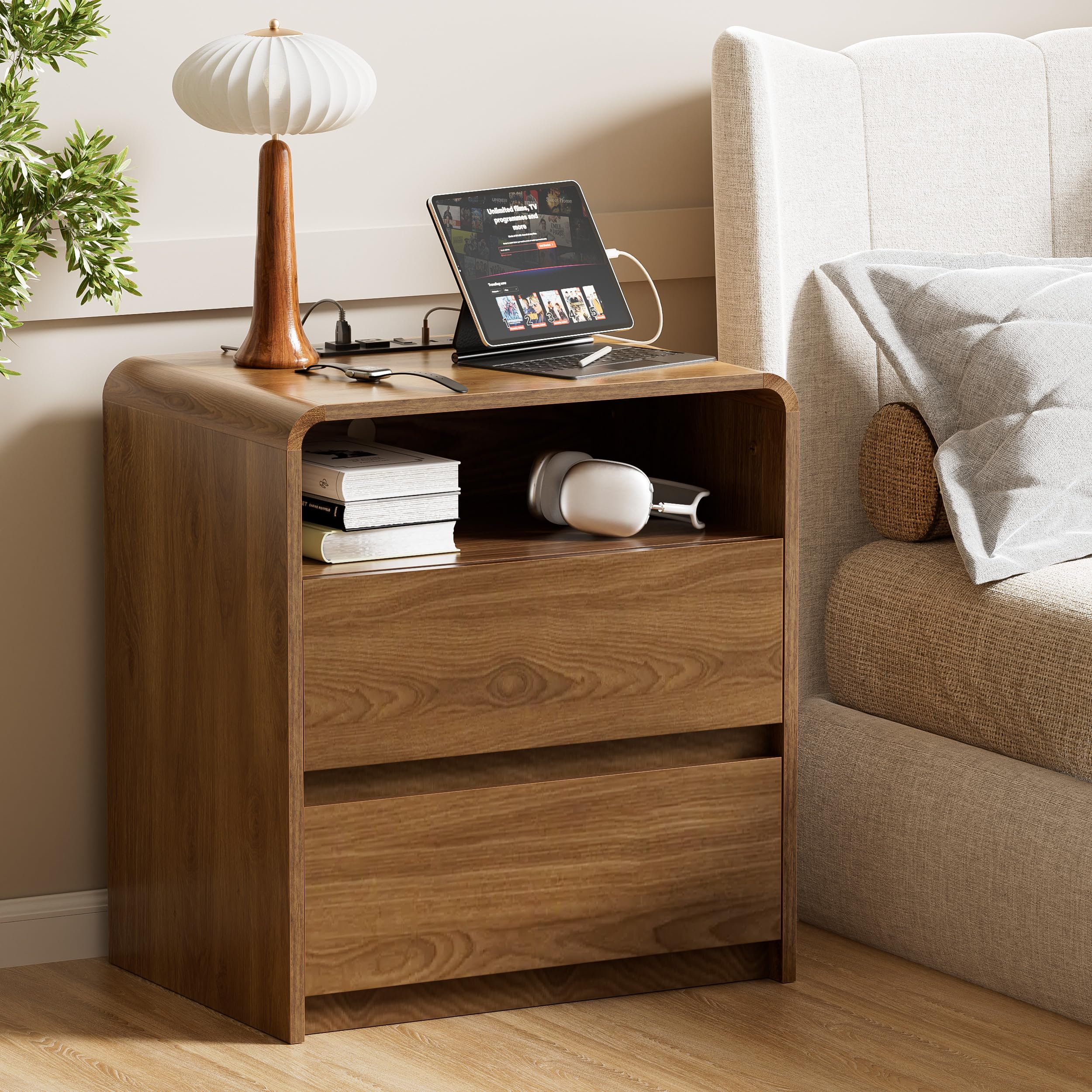 Walnut Nightstand with Hidden Drawer & Charging Station