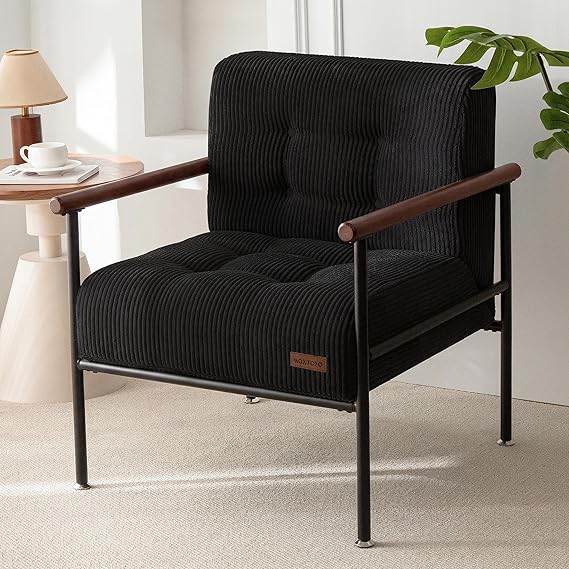 Upholstered Accent Chair with Metal Frame & Wood Armrests