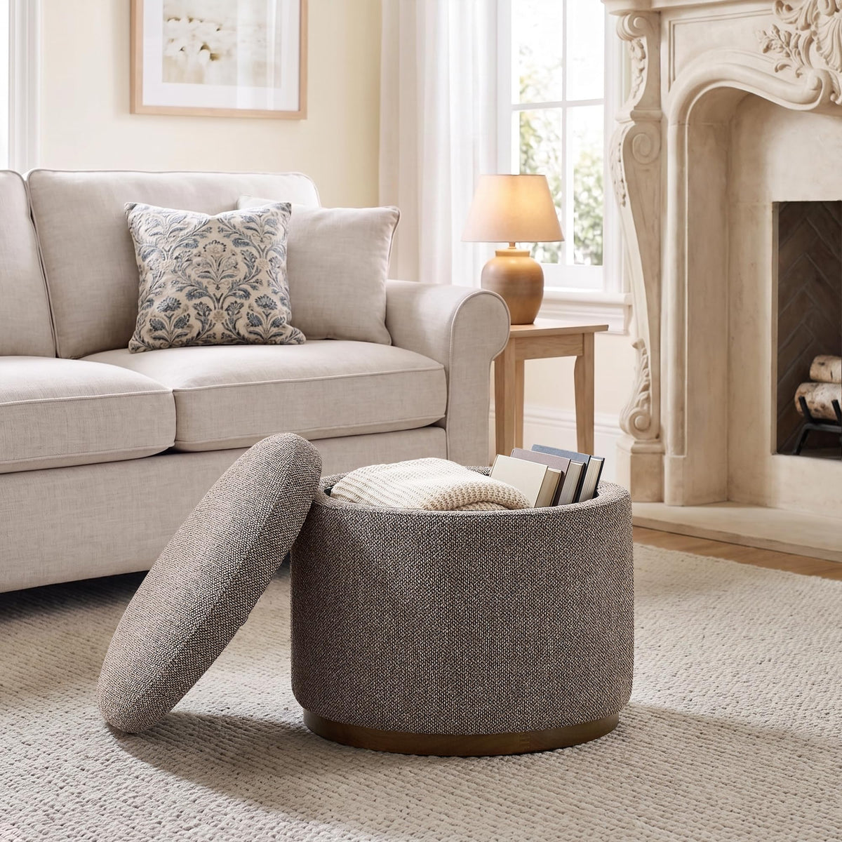 Round Bouclé Storage Ottoman