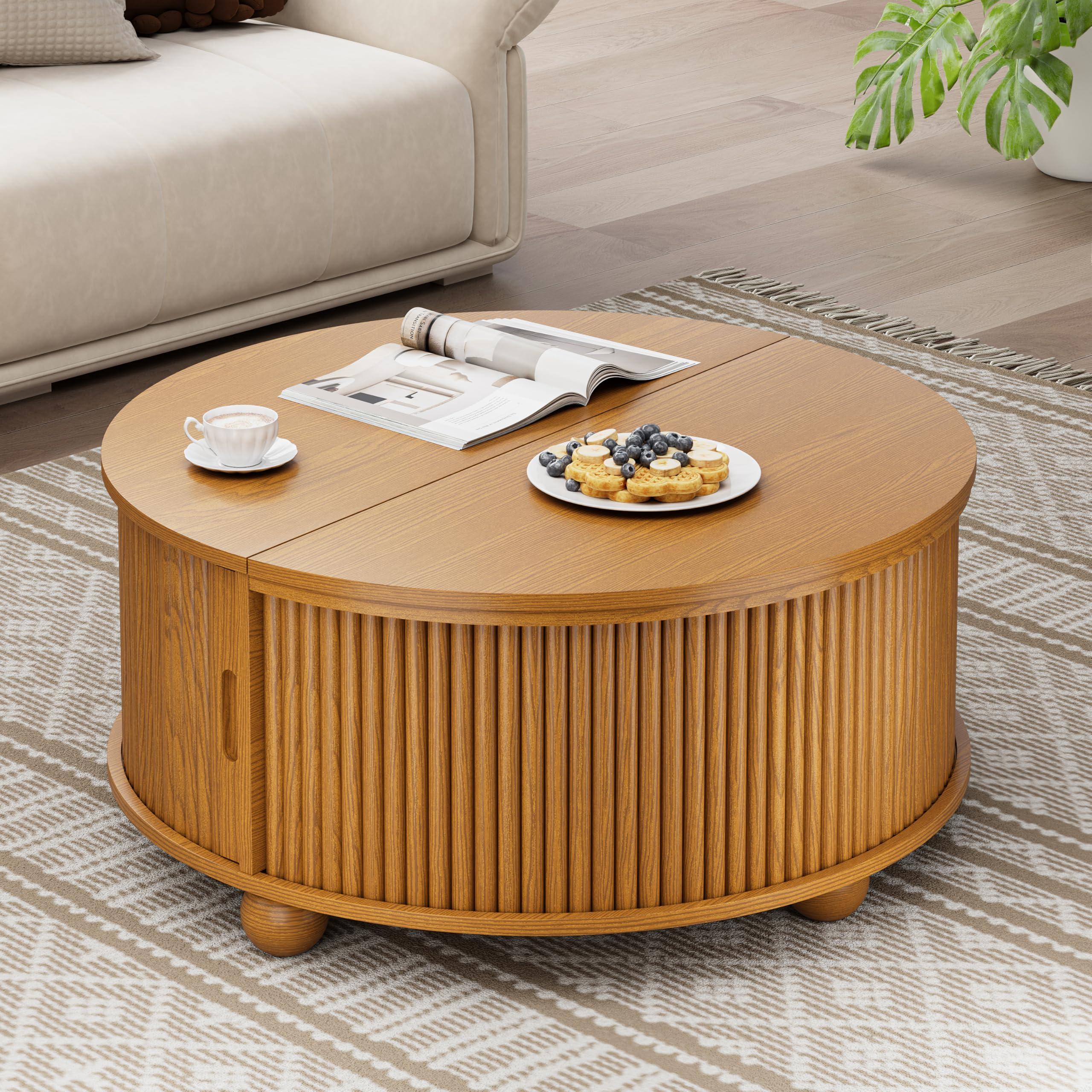 DHH Fluted Round Coffee Tables,31.5" Mid Century Modern Circle Drum Table with Storage, Accent Coffee Table with Sliding Cabinet Door for Living Room Small Space (Yellow Oak)