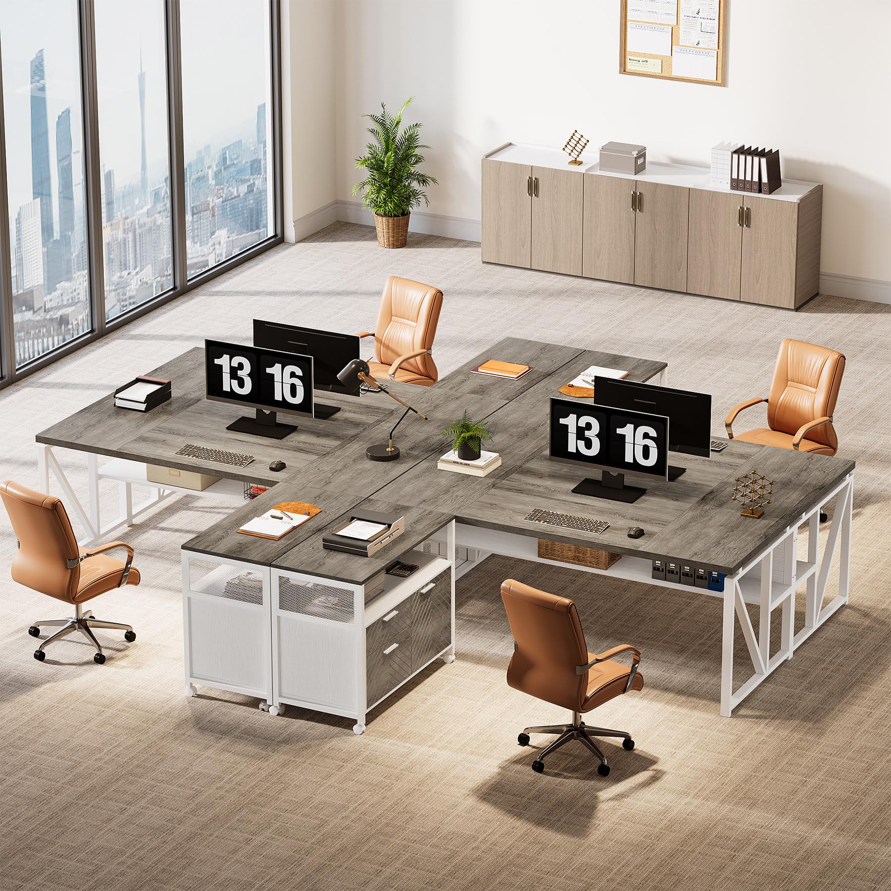 Tribesigns L-Shaped Desk with Drawers, 63" Executive Office Desk with Mobile File Cabinet and Storage Shelves, Home Office Business Furniture Set (Gray, White)