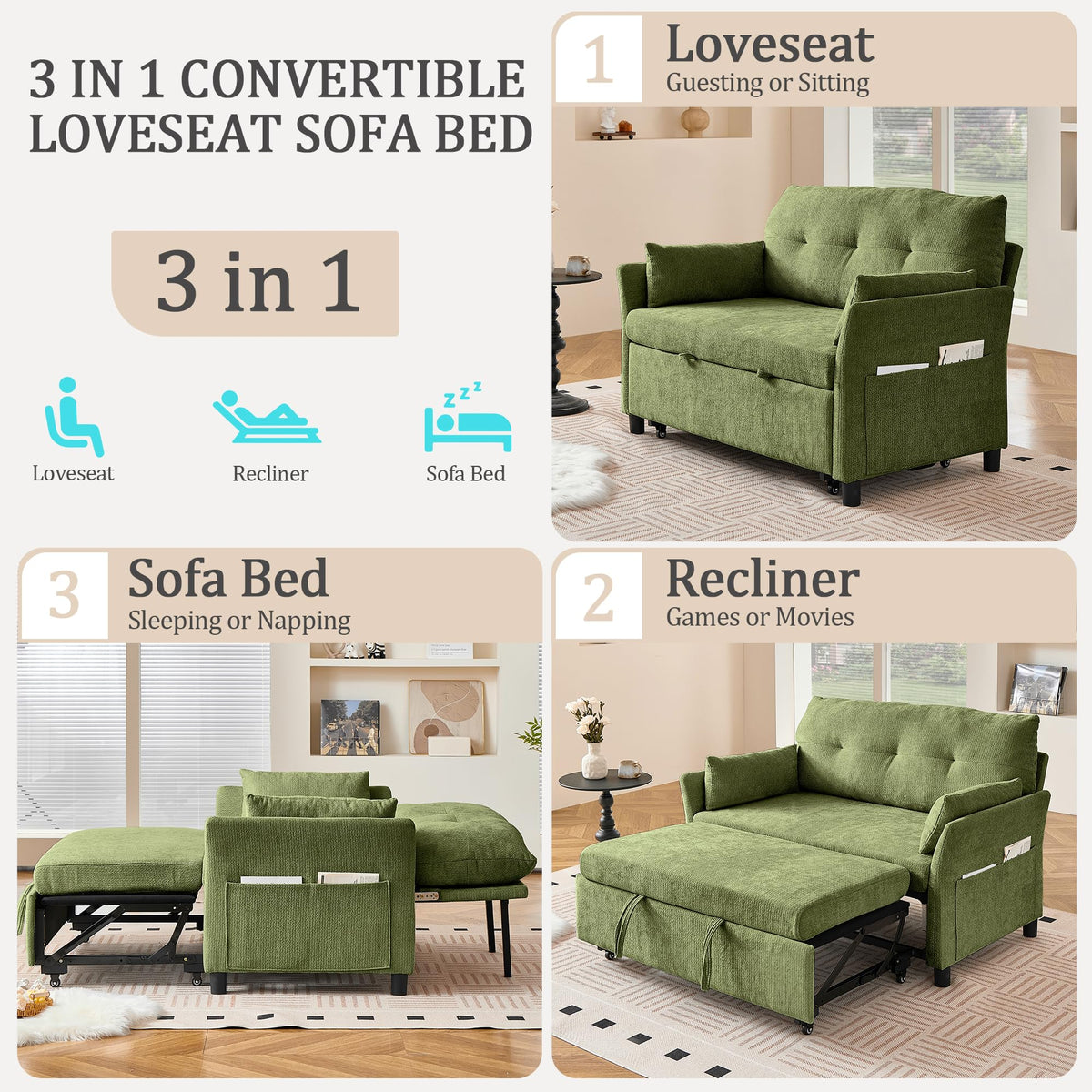 Green Linen Pull-Out Sleeper Loveseat