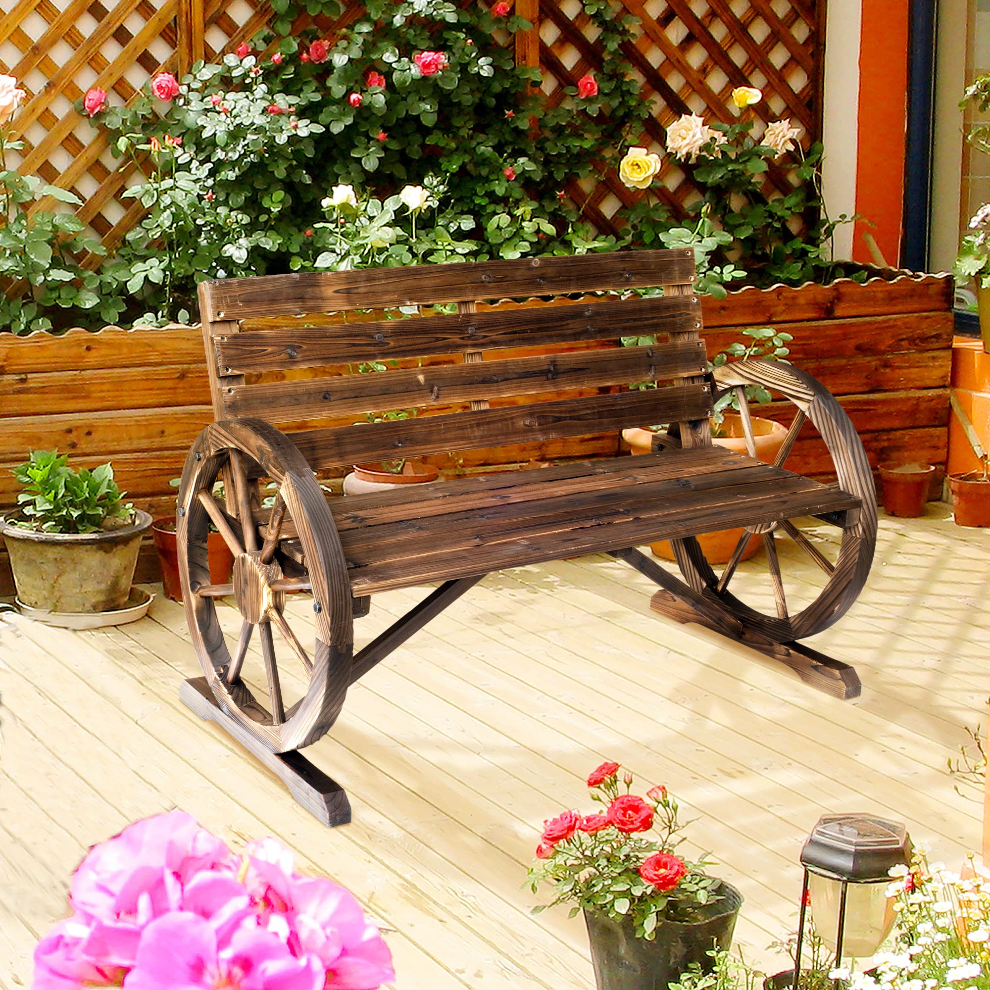 41-Inch Rustic Wagon Wheel Wood Outdoor Bench