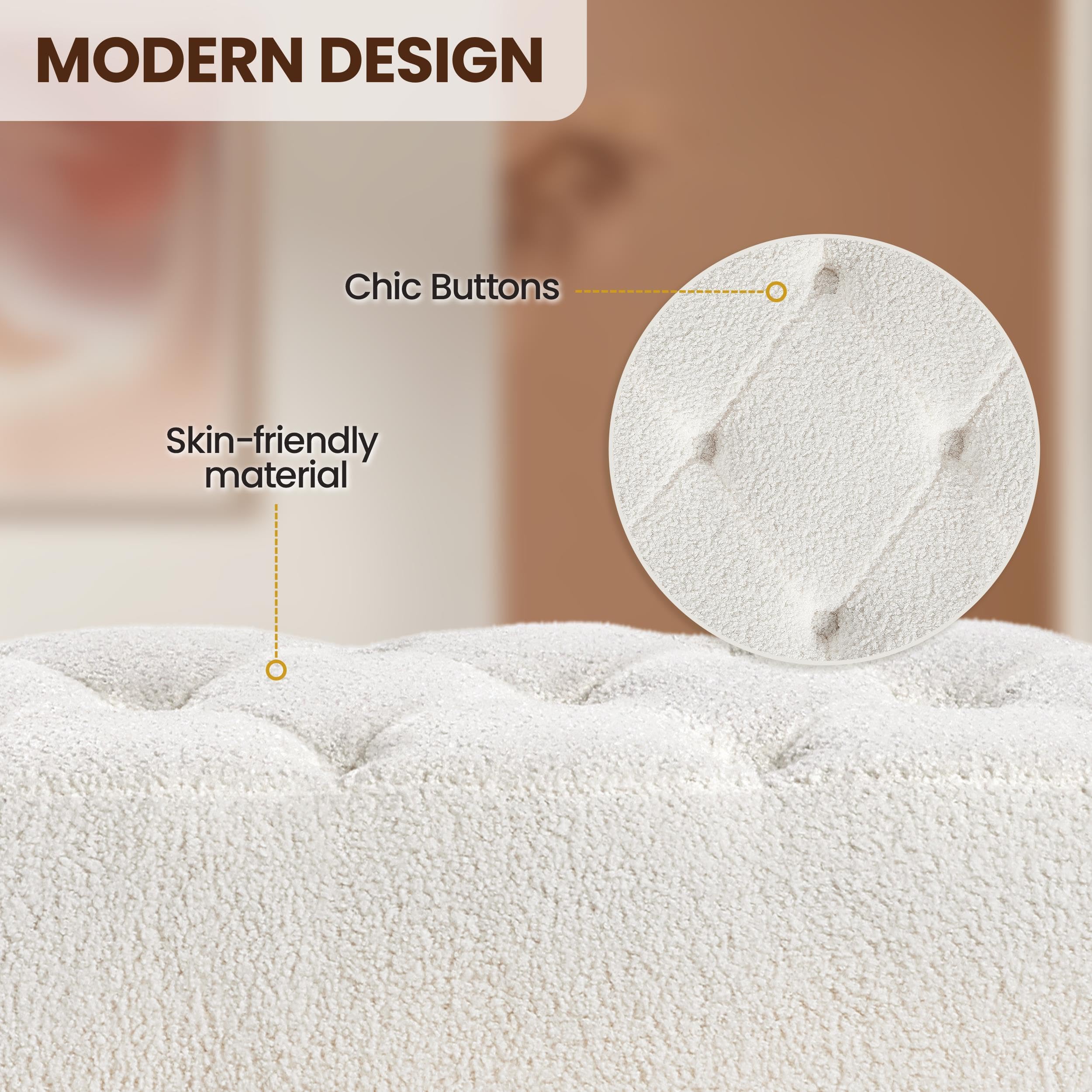 Yaheetech Modern Ottoman Bench Boucle Bench Upholstered Footrest for Living Room with Gold Metal Legs and Padded Seat Ivory