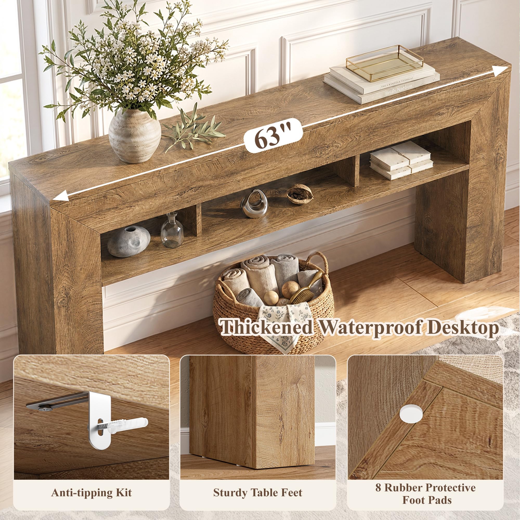 EnHomee 63 Inch Long Console Table for Entryway Sofa Table with Extra Storage Shelves Farmhouse Wood Behind Couch for Hallway, Entrance, Living Room, Foyer, Light Brown